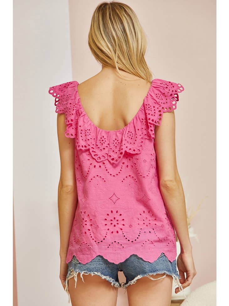 The Cecillia Eyelet Top in Hot Pink