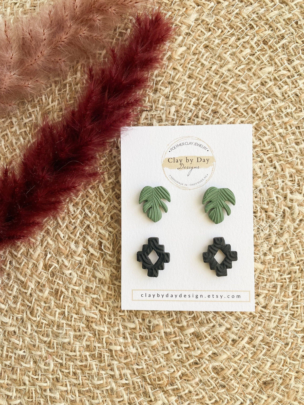 Aztec & Monstera Leaf Stud Pack | handmade earrings, polymer clay, Clay by Day Designs